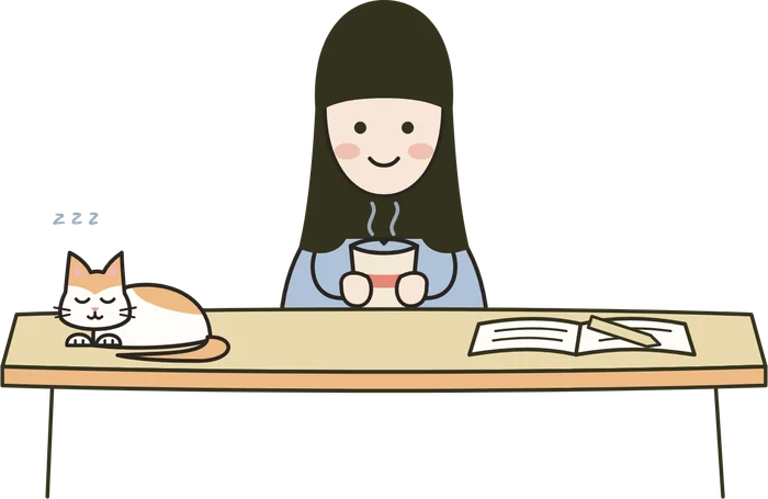 Camélia à son bureau, avec Bao endormi à côté de son carnet